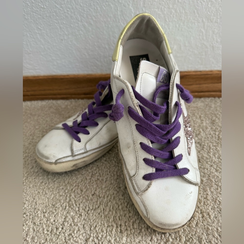 Golden Goose White and Purple Sneakers